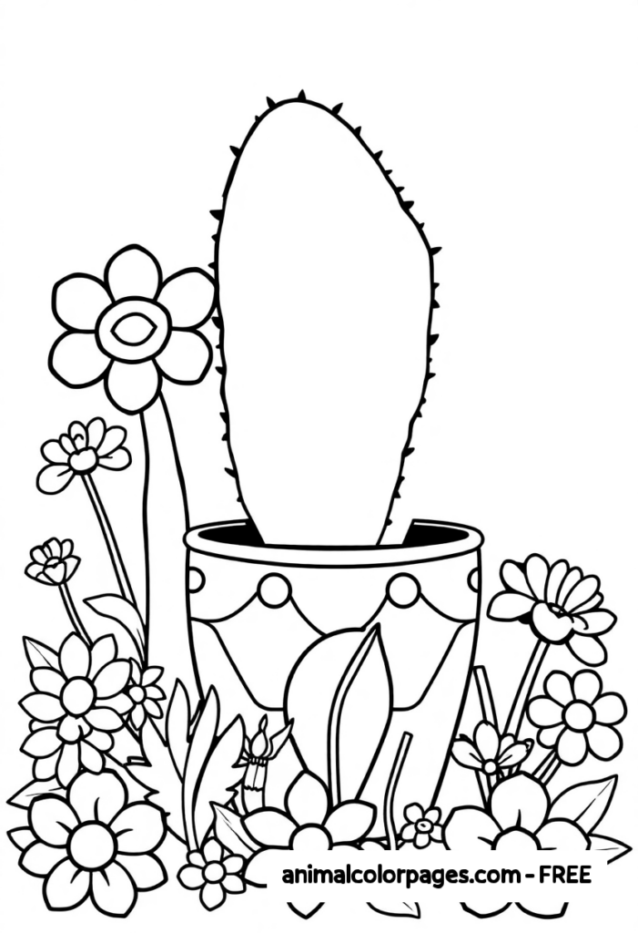 Cactus Coloring Pages - A cactus pot surrounded by blooming desert flowers.