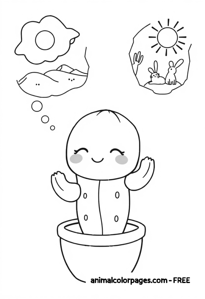 Cactus Coloring Page A cute cactus sleeping in a small flowerpot, dreaming of the desert.
