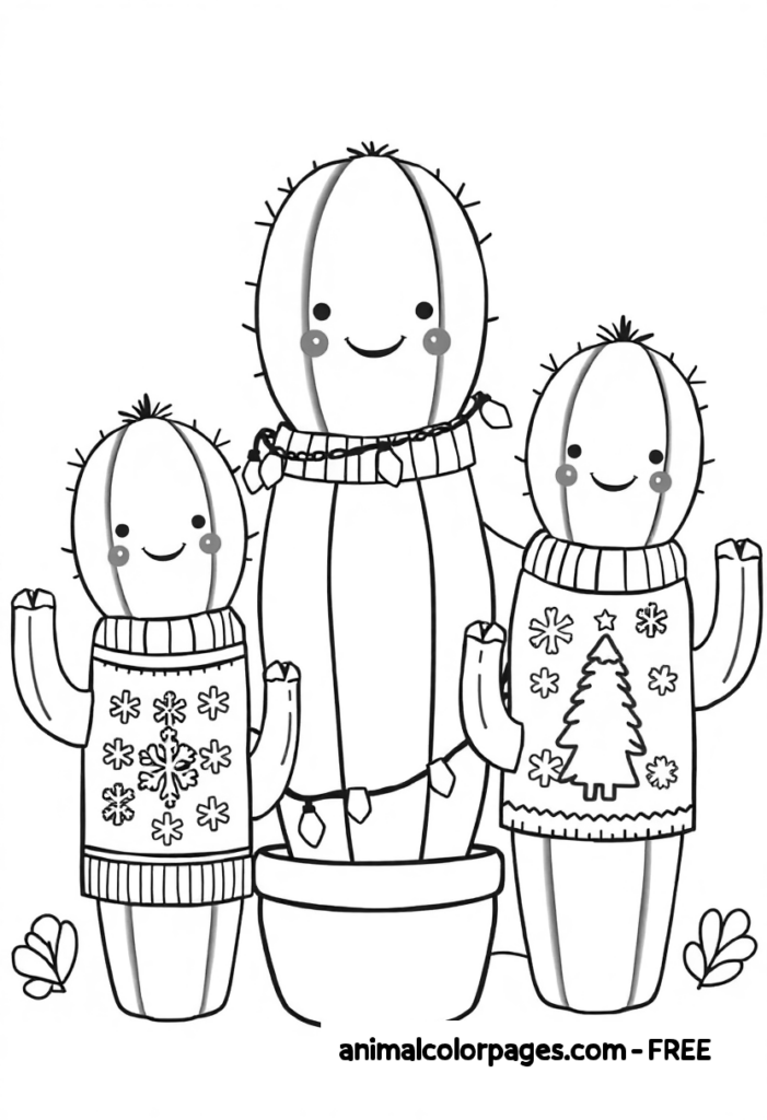 Cactus Coloring Pagess - Catus holding a present wearing christmas sweater.