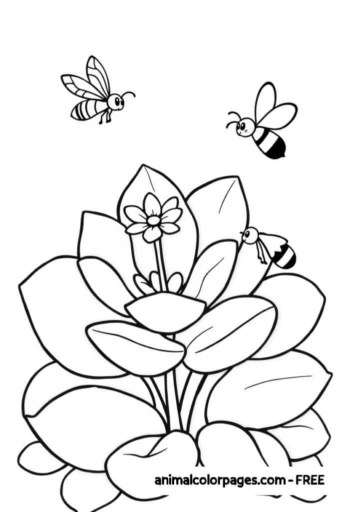 Cactus Coloring page - bumblee swarming around plant