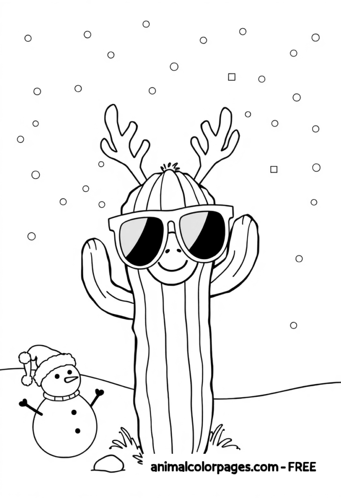 cactus coloring page with reindeer antlers and snowflake, wearing sunglasess