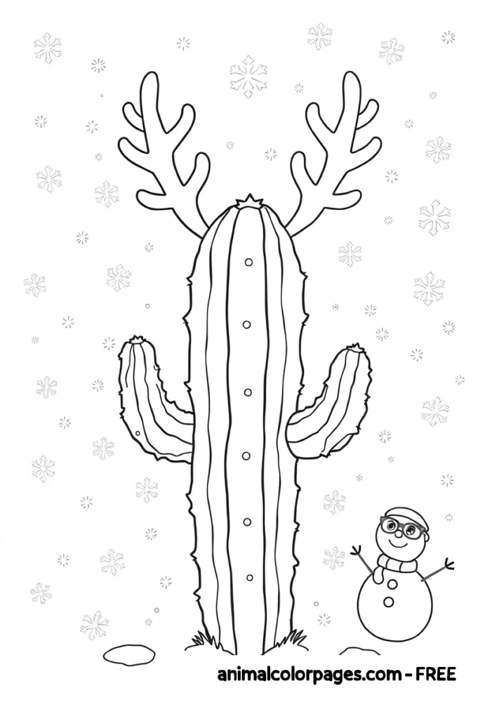 cactus coloring page with reindeer antlers and snowflake, near a snowman.