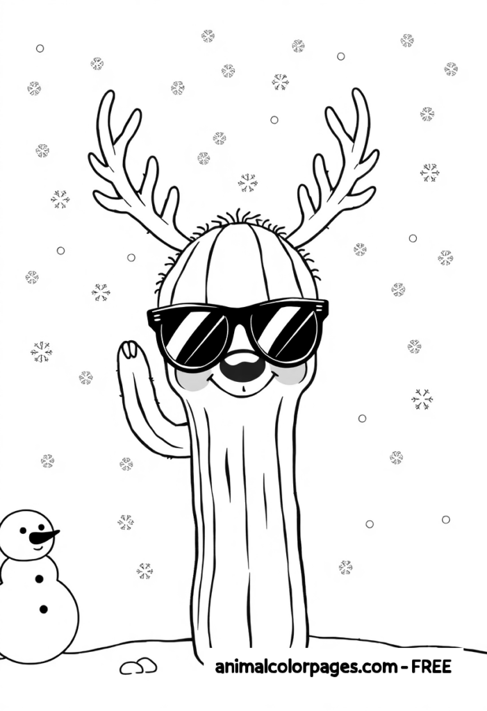 cactus coloring page with reindeer antlers and snowflake, wearing sunglasess
