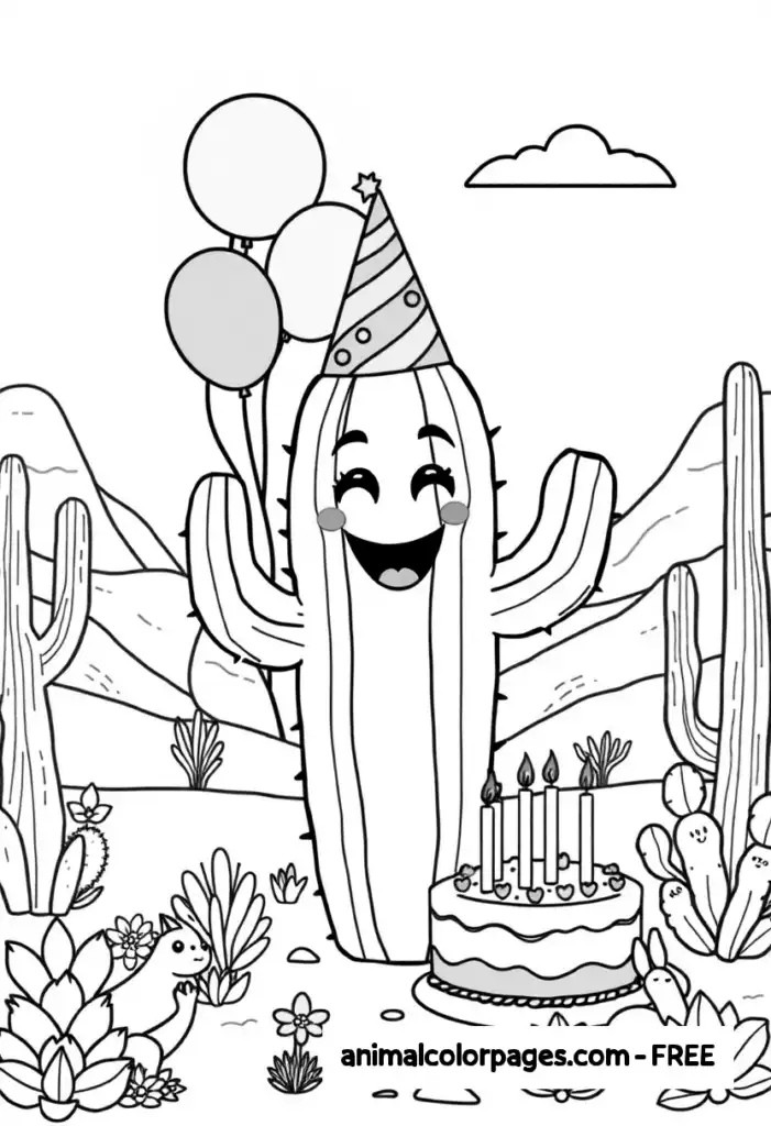 Cactus Coloring Pages A happy cactus wearing a party hat, celebrating a birthday in the desert.