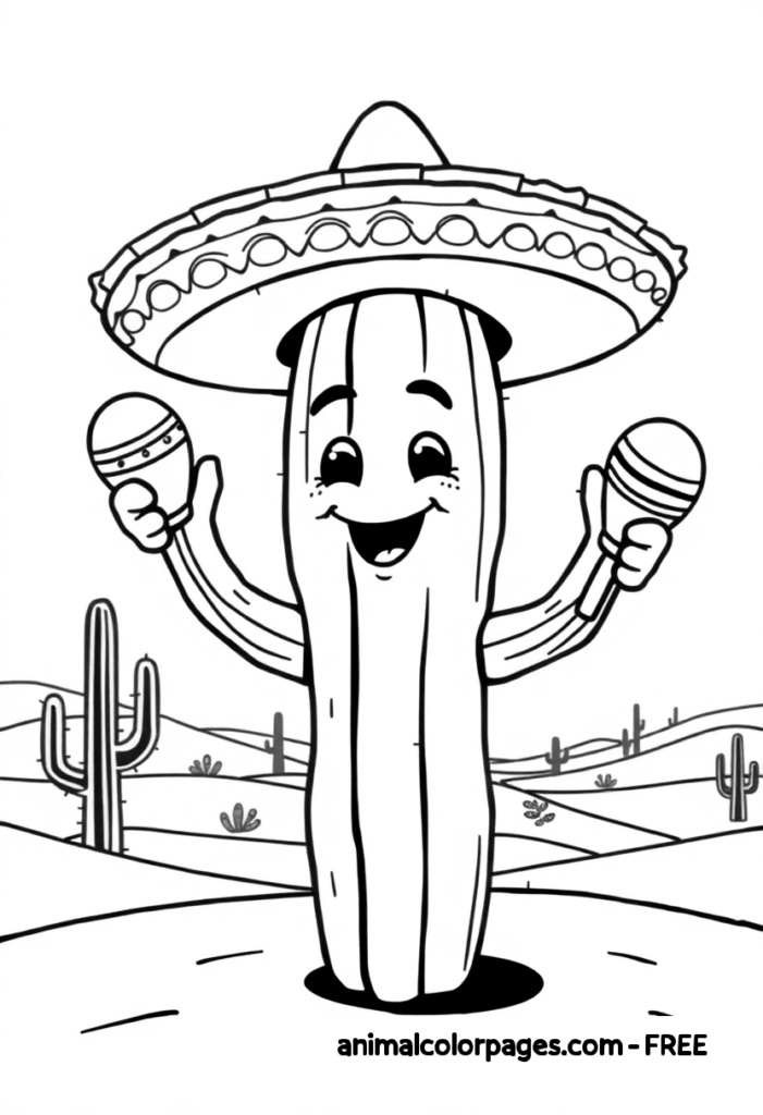 Cactus coloring page - holding and sharing the maracus