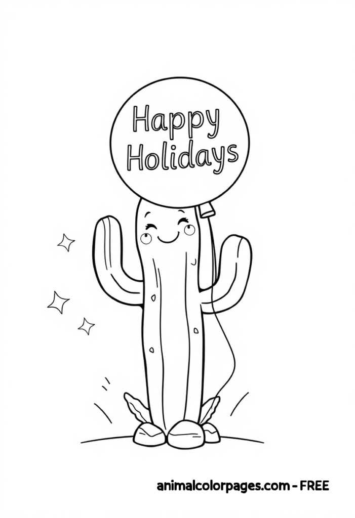cactus coloring page with reindeer antlers and happy holidays.