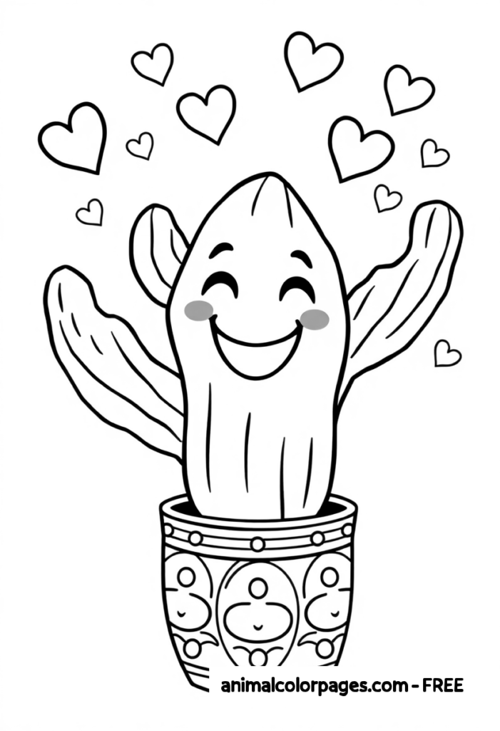 Cactus Coloring Pages A cactus in a pot, smiling, with tiny hearts floating around it.