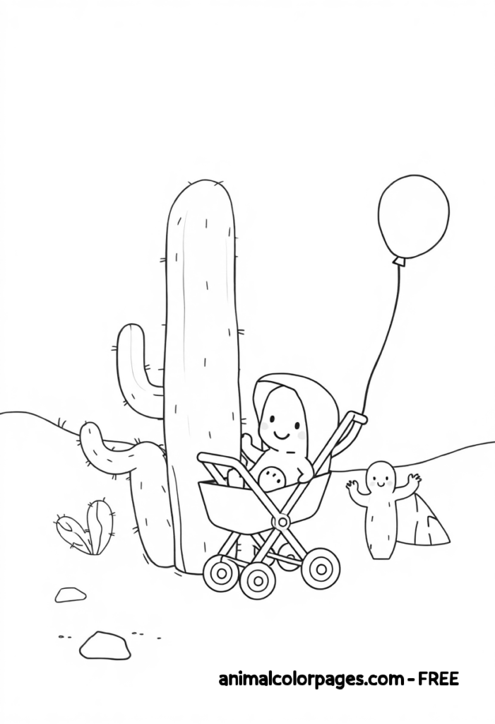 Cactus Coloring page with Cacti family in stroller