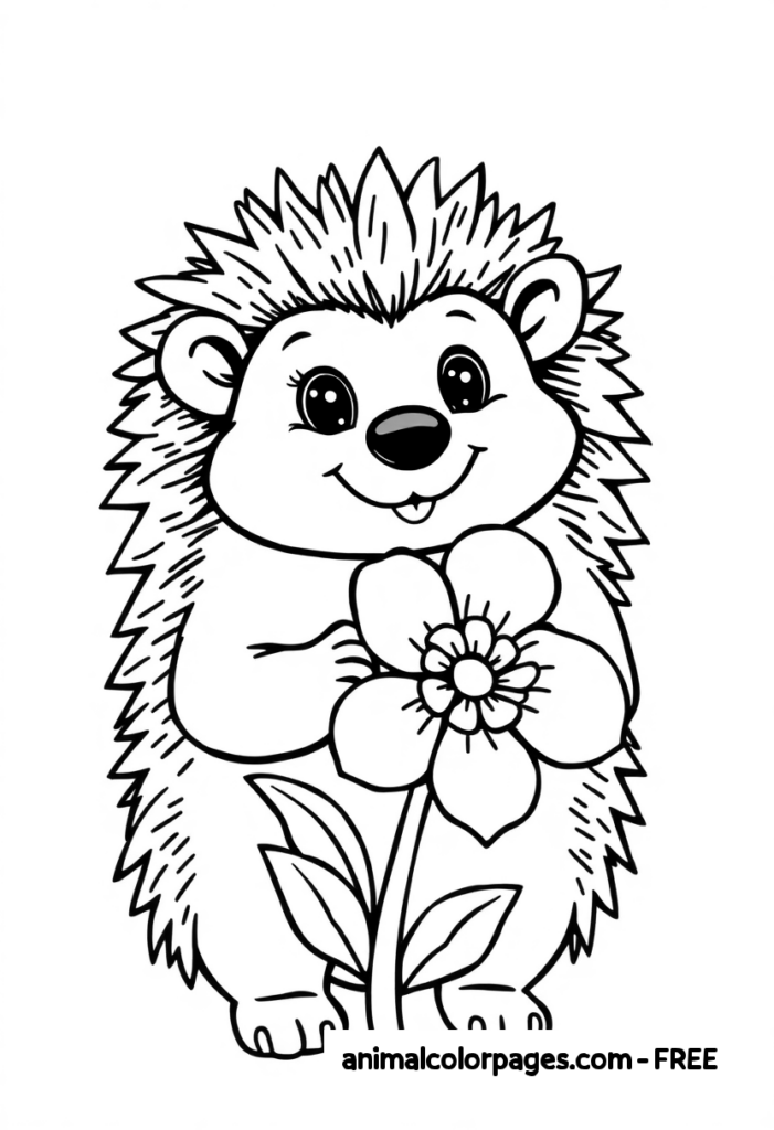 cute animal coloring page hedgehog holding a flower