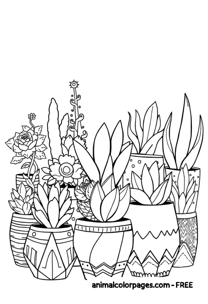 Cactus Coloring Pages A collection of succulents in geometric pots with unique designs.