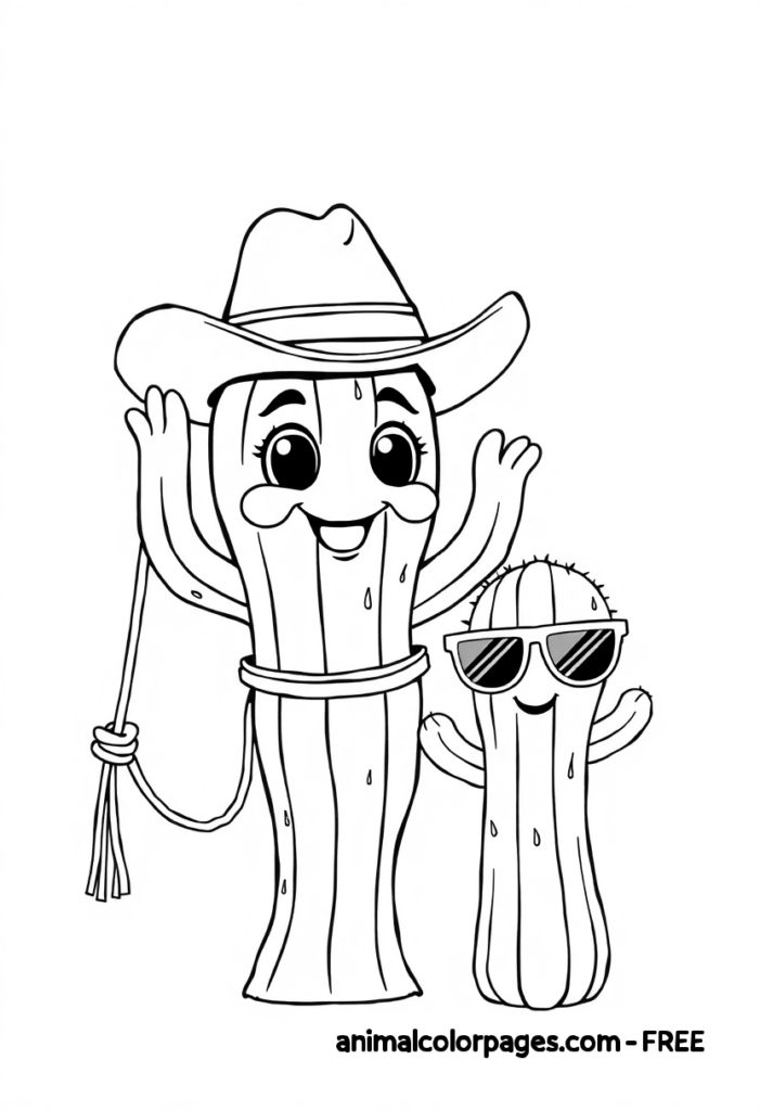 Cute Cactus coloring page cowbowys with hats