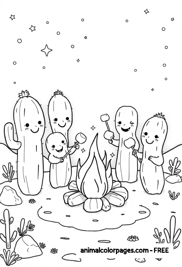 Cactus Coloring Pages - A cactus family sitting around a campfire roasting marshmallows.