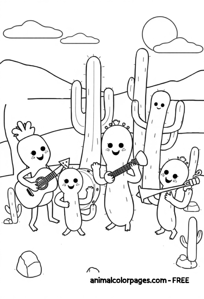 Cute Cactus Coloring Page A group of cacti playing instruments and having a desert jam session.
