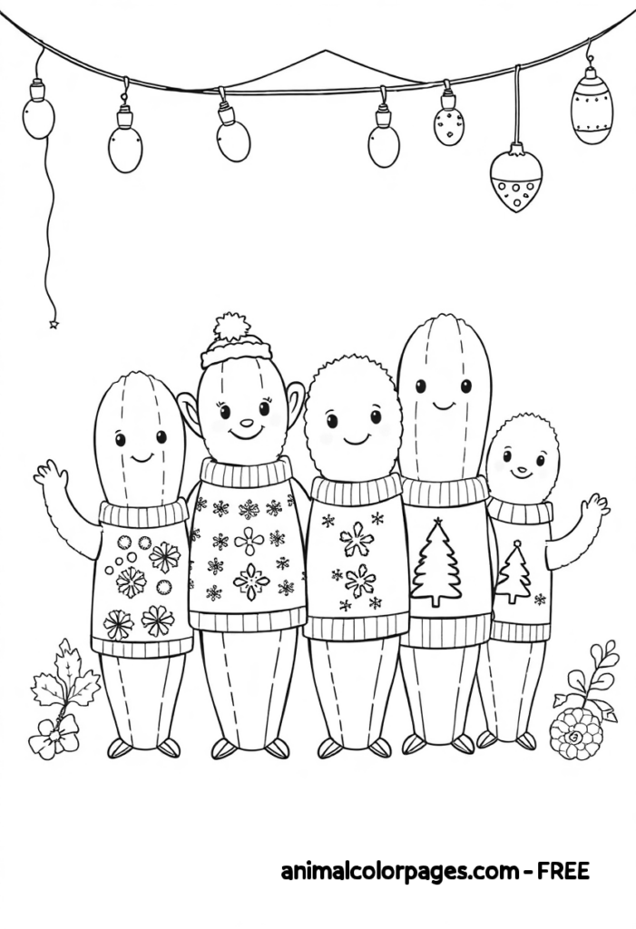 Cactus Coloring Pagess - Catus holding a present wearing christmas sweater.