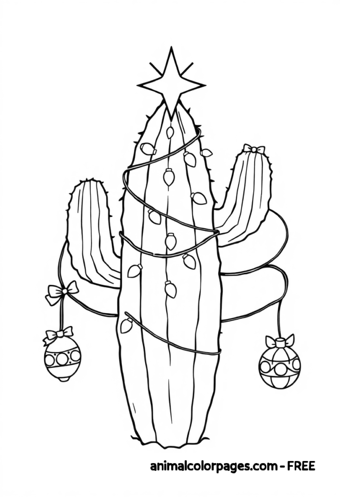 Cactus Coloring - Catus Christmas tree decorated with a light