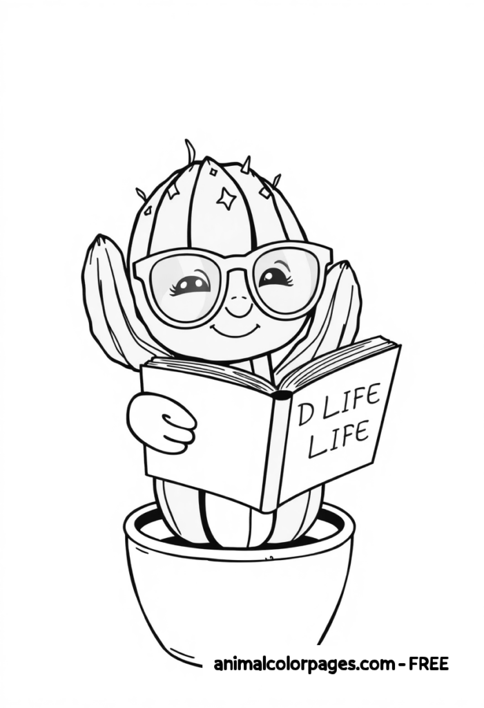 Cactus Coloring page D Life A studious cactus with reading glasses sitting in a simple pot, flipping through a book labeled "D Life" for Dessert Life.