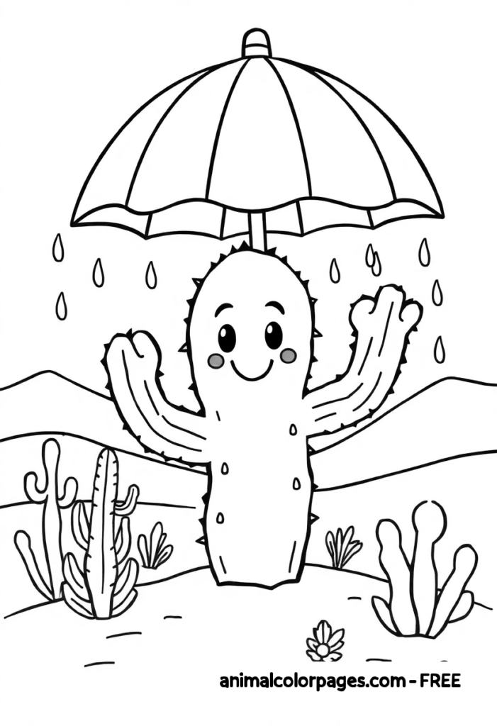 Cactus Coloring pages A cactus holding an umbrella, standing in a rare desert rainstorm.