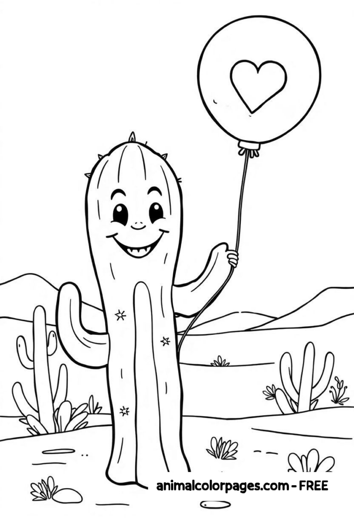 Cactus Coloring Pages - A cheerful cactus holding a balloon with heart on it.