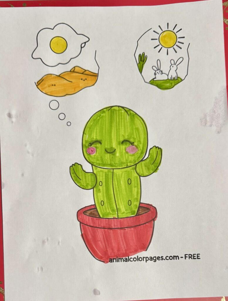 Cactus Coloring Pages of a Kids drawing baby in a pot and dreaming