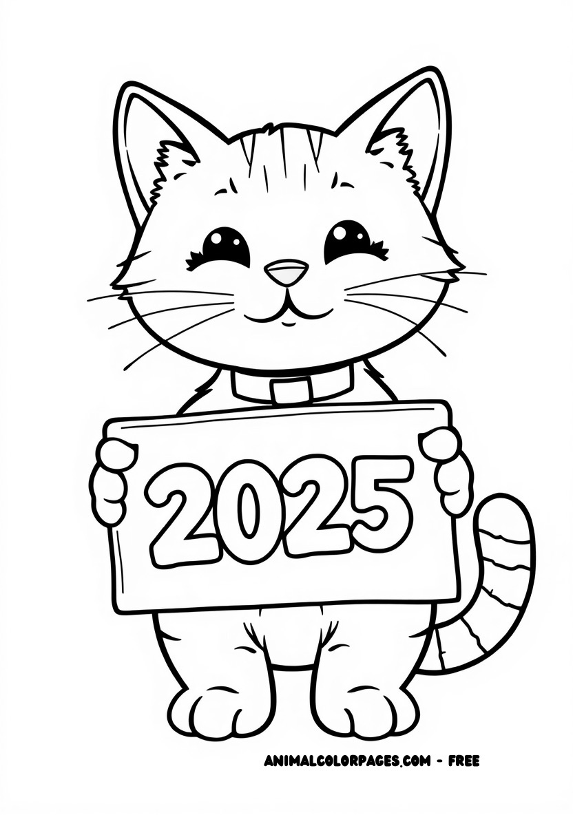 2025 coloring page one cat holding a sign 2025