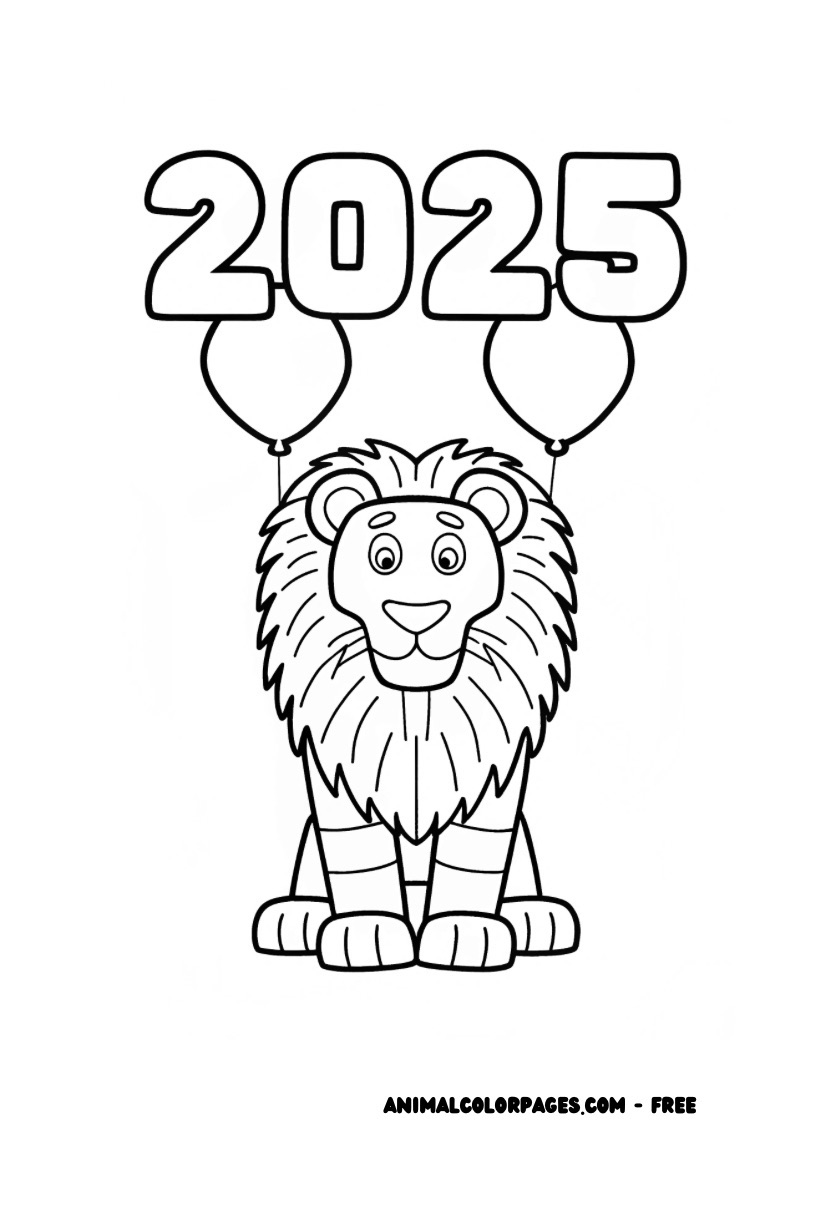 2025 coloring page free of a cat holding 2025 I big bubble letters