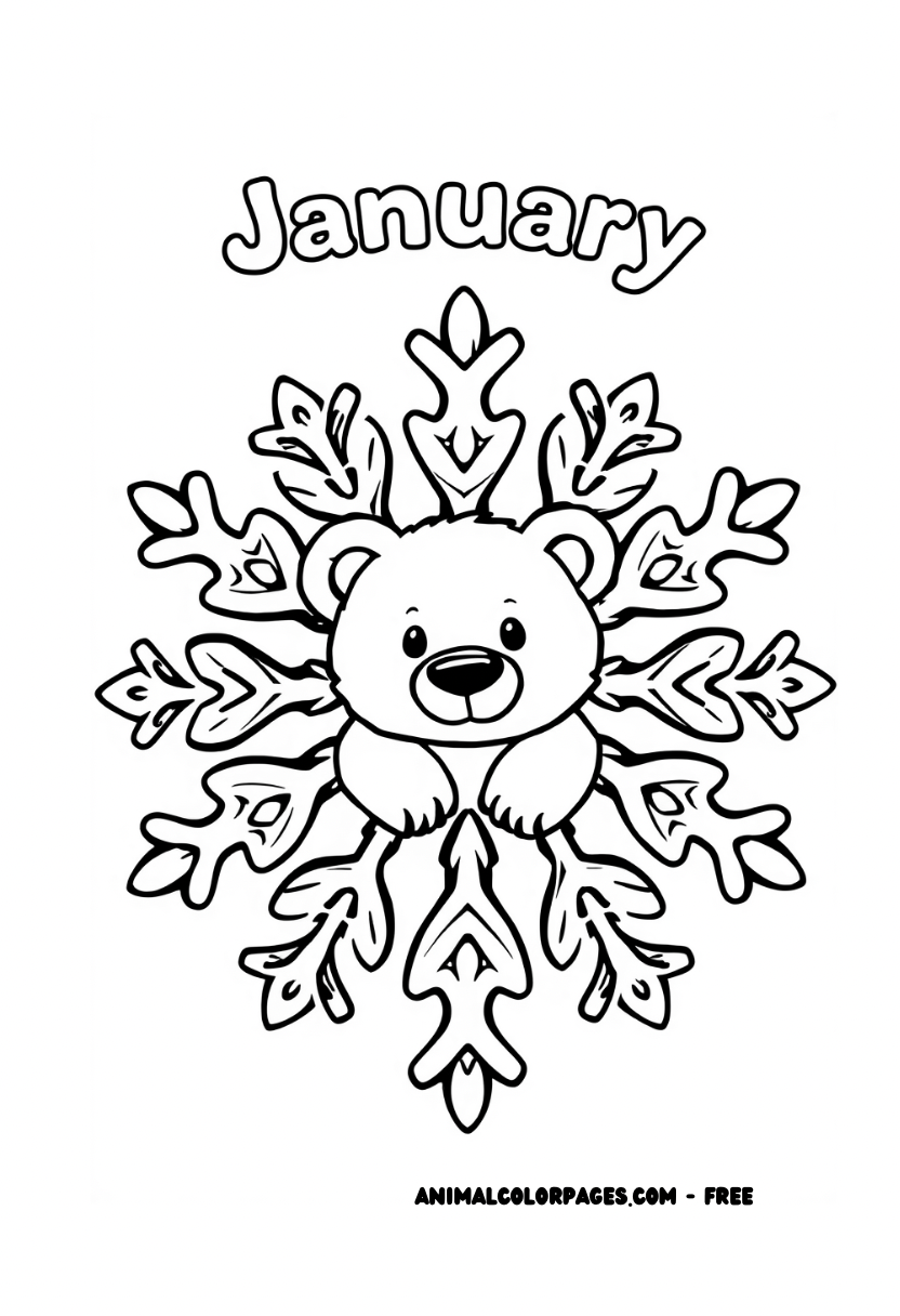 January Color Page - cute bear snowflake with January written at the top