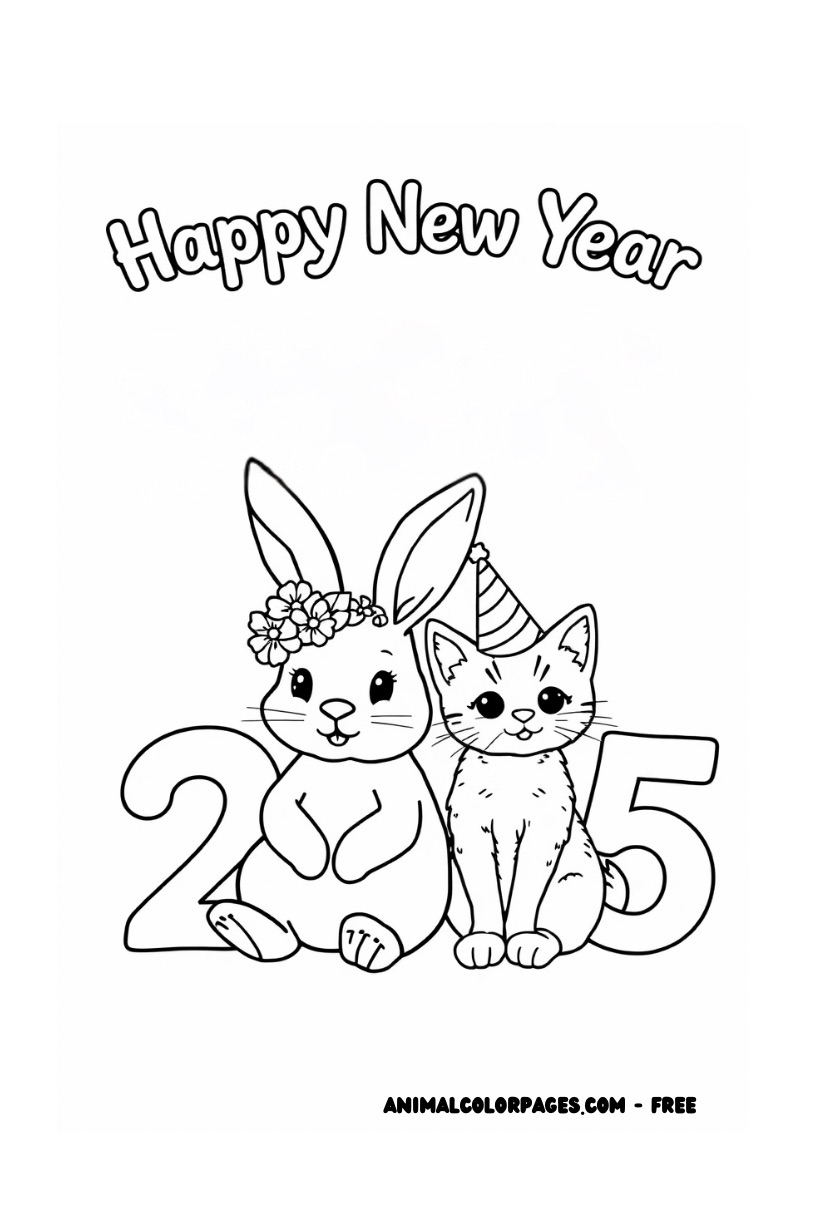 2025 coloring page free two cats with hats on they are sitting in as the 0 and 5.