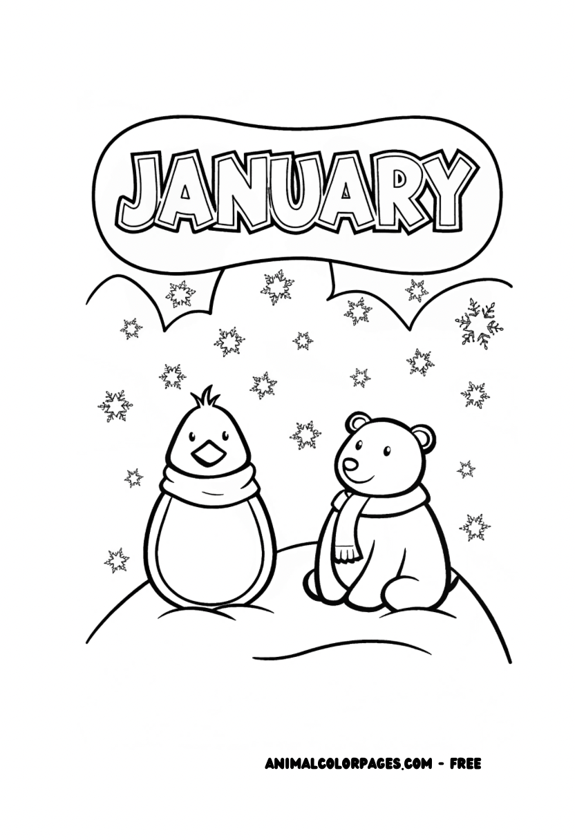 January Coloring Page - two bears sitting in the snow easy to color