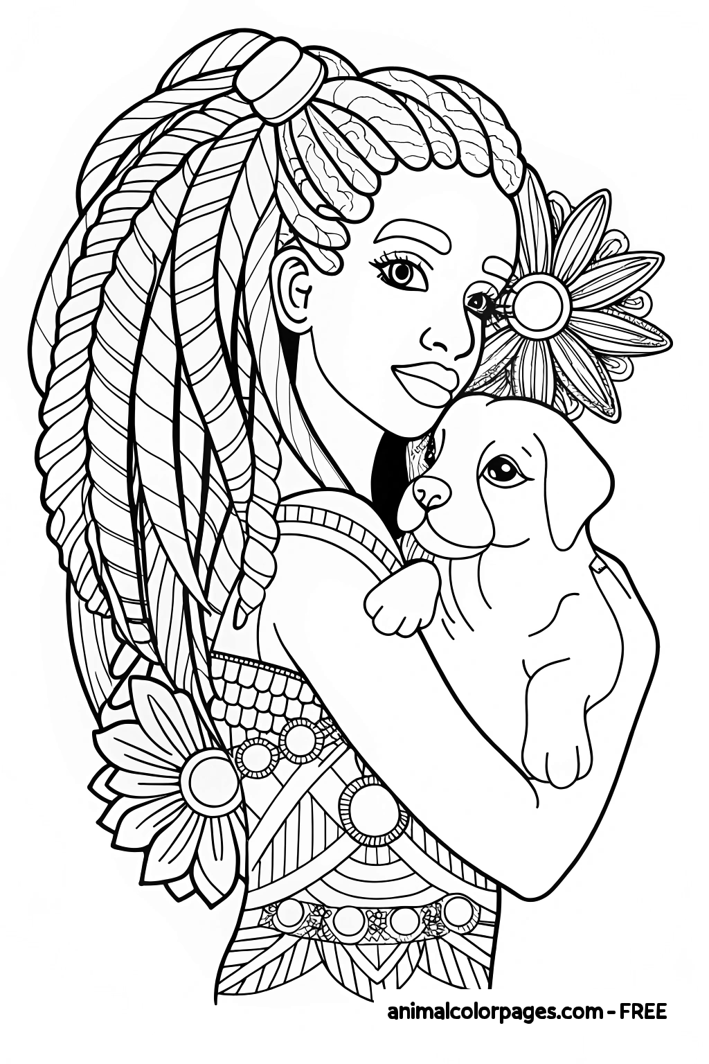 Black Girl Holding cute puppy, she has long locs.