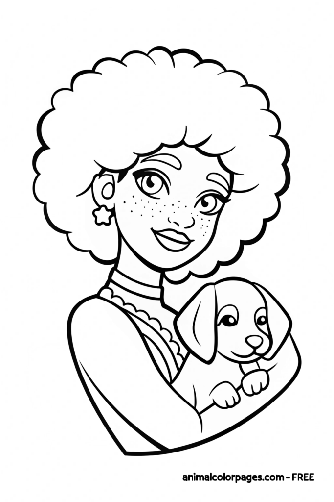 black girl coloring page holding a puppy