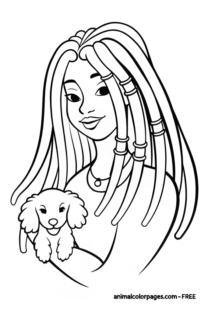 black girl coloring page holding a puppy