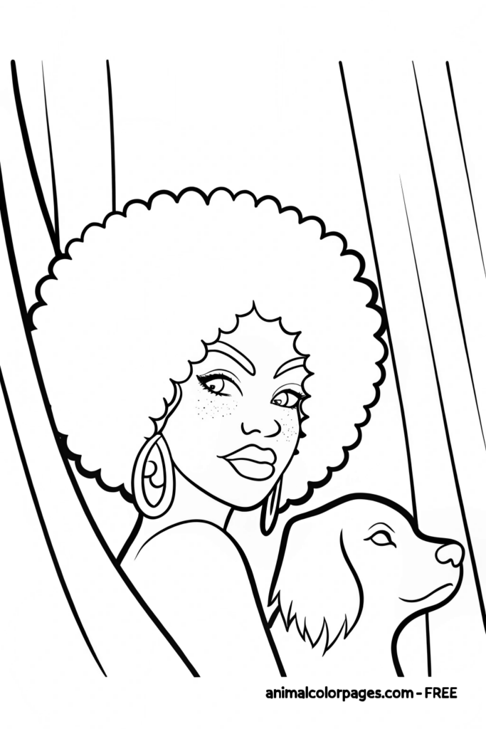 black girl coloring page afro holding a dog