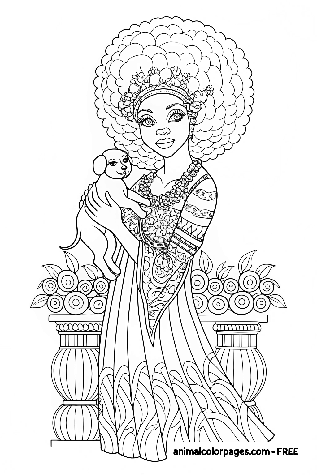 black girl coloring page holding a dog