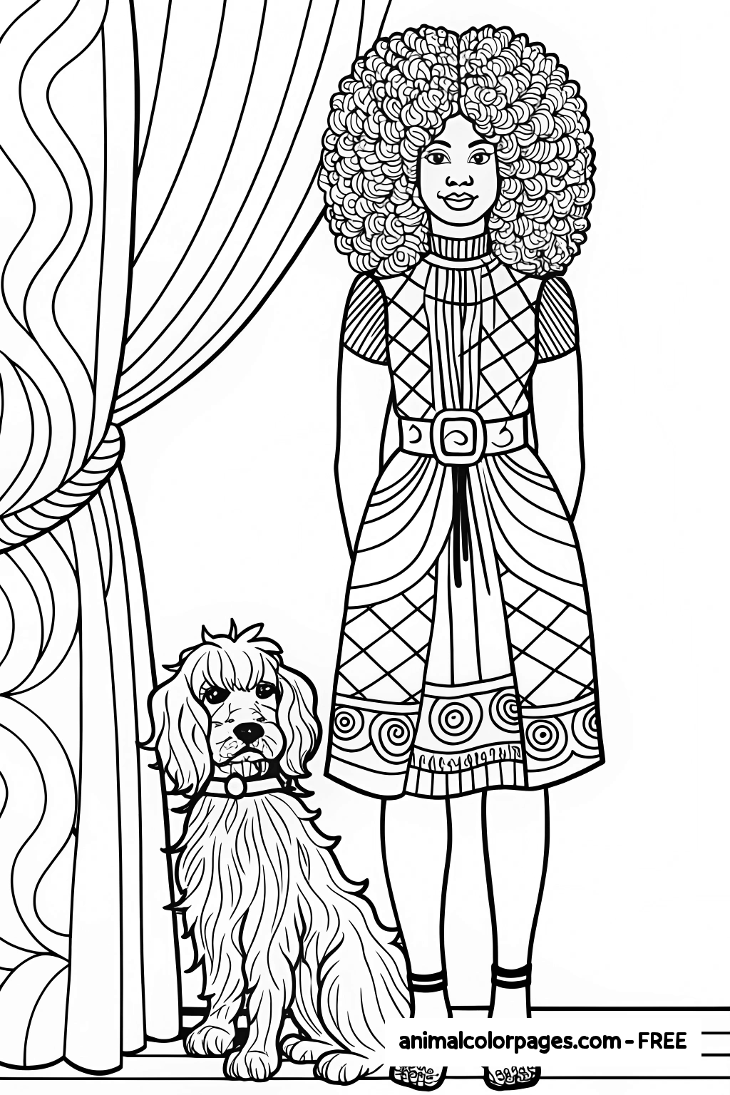 black girl coloring page holding a dog