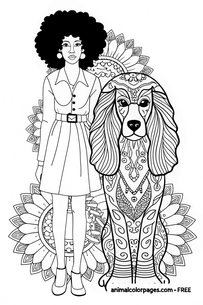 Black Girl Coloring pages with dog, realistic standing next to her