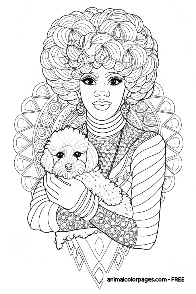 black girl coloring pages, black girl holding a puppy