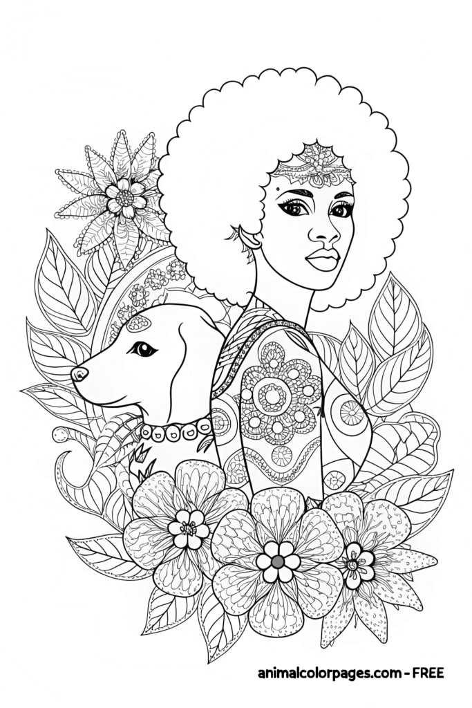 black girl coloring pages puppy back to bak with floral arrangment