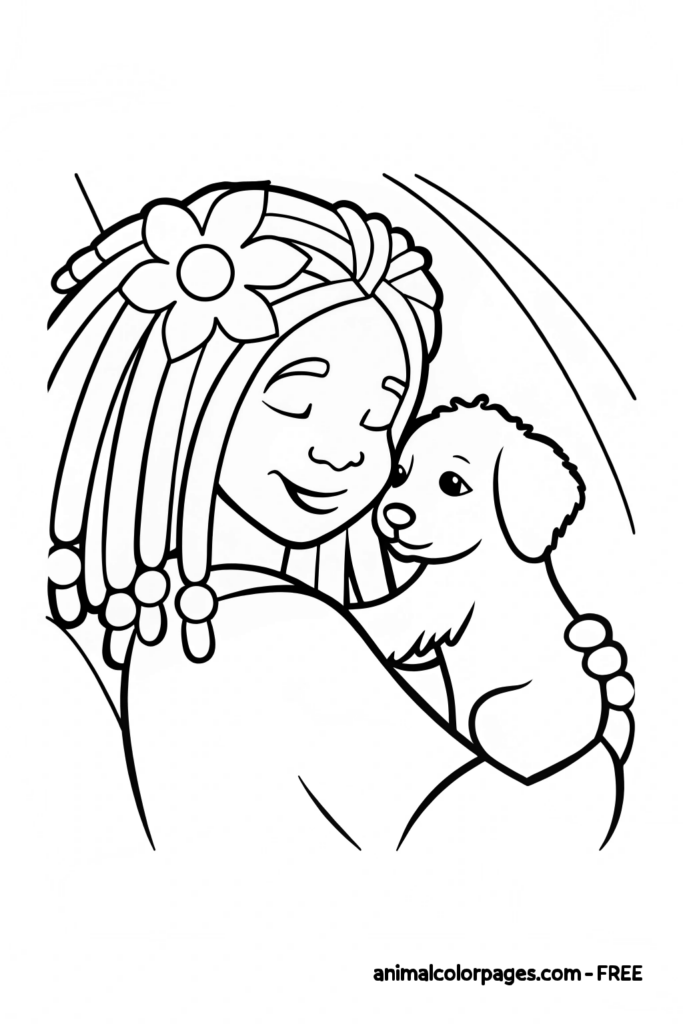 black girl coloring page holding easy simple pupply