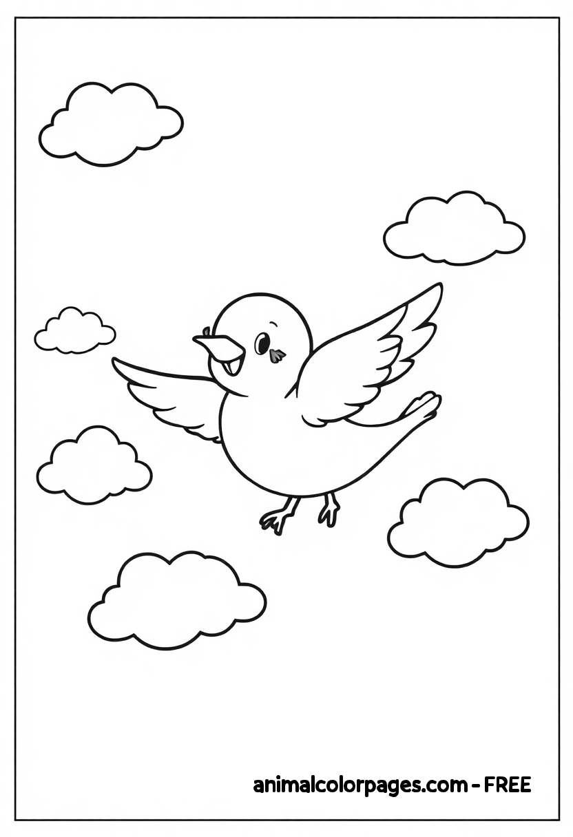 Simple Bird in Flight – A basic, cartoon-style bird soaring through the sky with its wings spread wide. The feathers are minimal, and the outline is thick and bold, making it easy for kids to color. There are a few small clouds in the background.