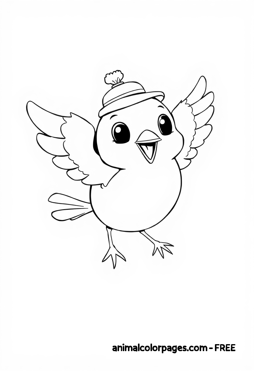 A whimsical cartoon-style bird soaring gracefully through the sky with its wings fully extended. The bird has simplified features and a playful expression, emphasizing its joyful flight. Surrounding the bird are several fluffy, rounded clouds that add a delightful touch to the scene. The design includes thick, bold outlines, making it perfect for coloring.