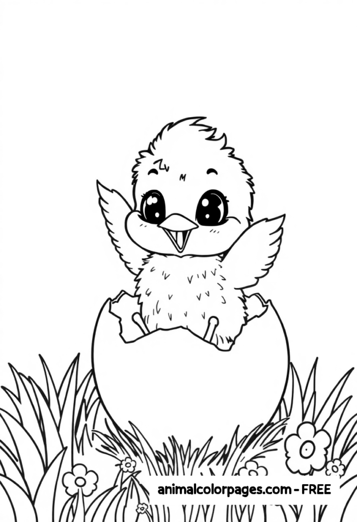 Fluffy Baby Bird Hatching from an Egg – A small, fluffy baby bird peeking out of a cracked eggshell. The bird has wide, happy eyes, and its tiny wings are raised. The background is clean for easy coloring.