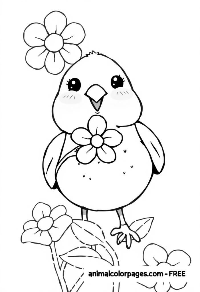 Little Bird Holding a Flower – A happy little bird with a tiny flower in its beak. Its feathers are rounded, and its cheeks have slight blush marks to enhance the cuteness.Nothing is in the background just a few flowers.