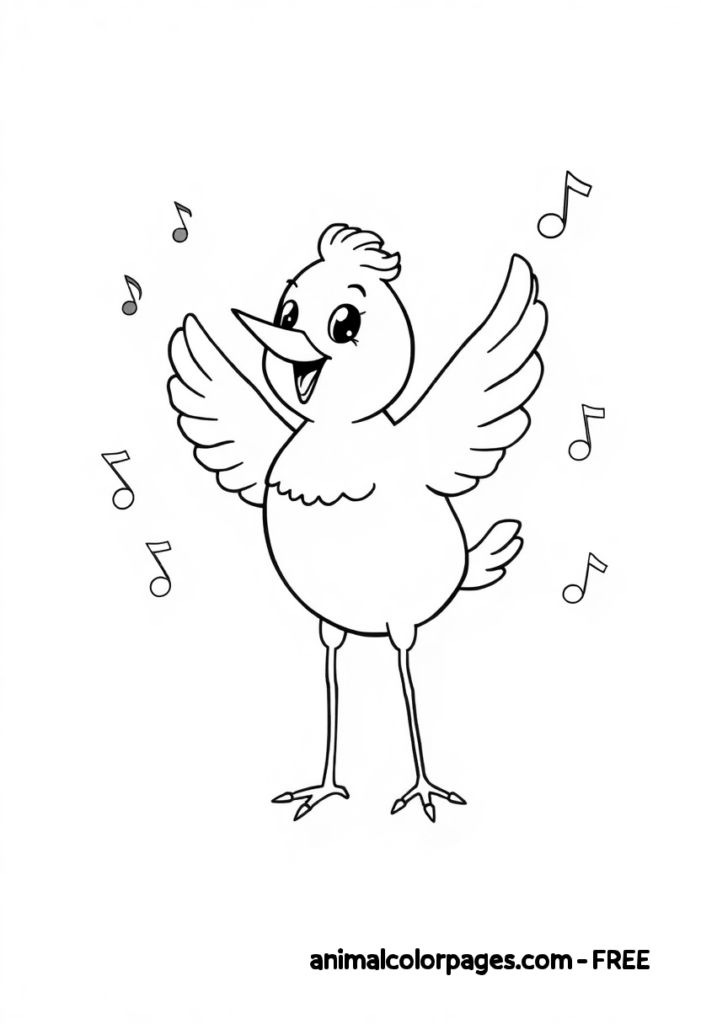 Dancing Bird with Musical Notes – A cute bird standing on two legs, dancing with one wing raised and musical notes floating around it. It has an expressive, joyful face.