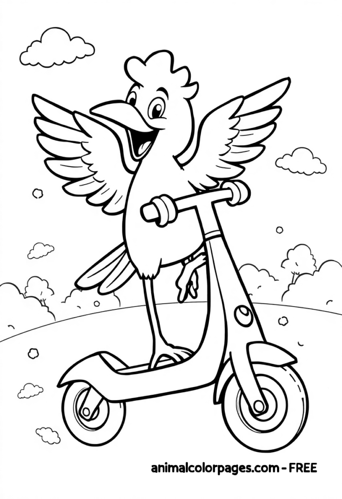 Bird Coloring Pages for Kids - Bird on a Scooter – A cheerful bird riding a scooter with one foot on the board and the other in the air as if pushing off. The bird's wings are slightly raised, and it has a fun, adventurous expression. The scooter has simple wheels and a handlebar.