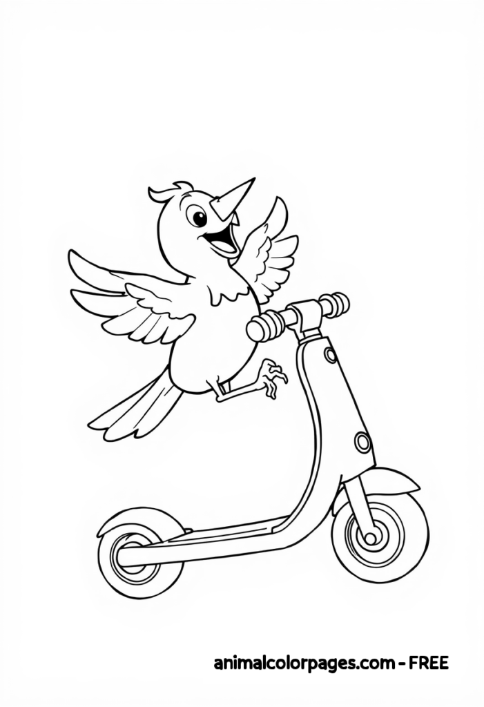 Bird on a Scooter – A cheerful bird riding a scooter with one foot on the board and the other in the air as if pushing off. The bird's wings are slightly raised, and it has a fun, adventurous expression. The scooter has simple wheels and a handlebar. Easy nothin is in the background
