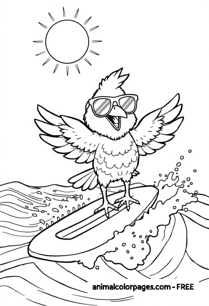 Bird Surfing with Sunglasses – A cool bird wearing oversized sunglasses, balancing on a surfboard over gentle ocean waves. The bird has an open beak as if excited and spreading its wings for balance. The sun is shining above.