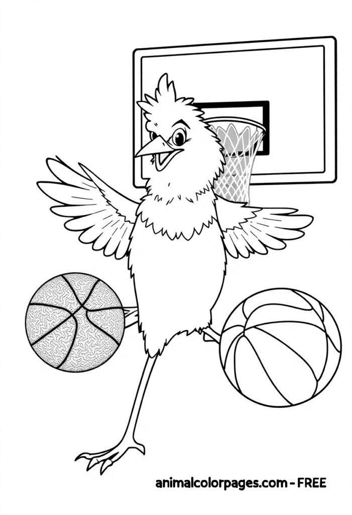 Bird Playing Basketball – A playful bird bouncing a basketball with one wing, standing on two sturdy legs. The bird looks focused and determined, with feathers ruffled slightly as if in action. The basketball hoop is in the background. it's a blank page for coloring .