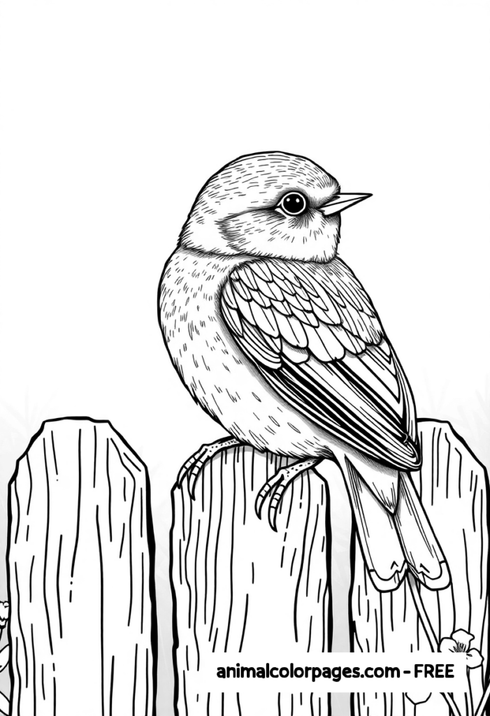 Realistic Songbird on a Fence – A detailed sketch of a small songbird, such as a robin or sparrow, perched on a wooden fence. The feathers have simple but realistic texture, and the bird’s eye is detailed.