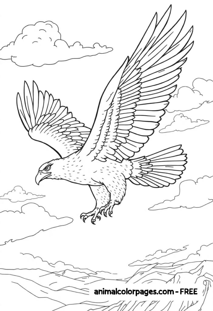 Majestic Eagle in Flight – A large eagle soaring through the sky with its wings spread wide. The outline is detailed enough to capture the eagle’s strength but with bold, clear lines for easy coloring.