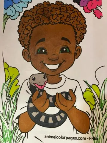 a cheerful scene featuring an African American boy with curly hair s. He stands confidently with a friendly snake gently coiled around one of his arms, demonstrating their unique bond.